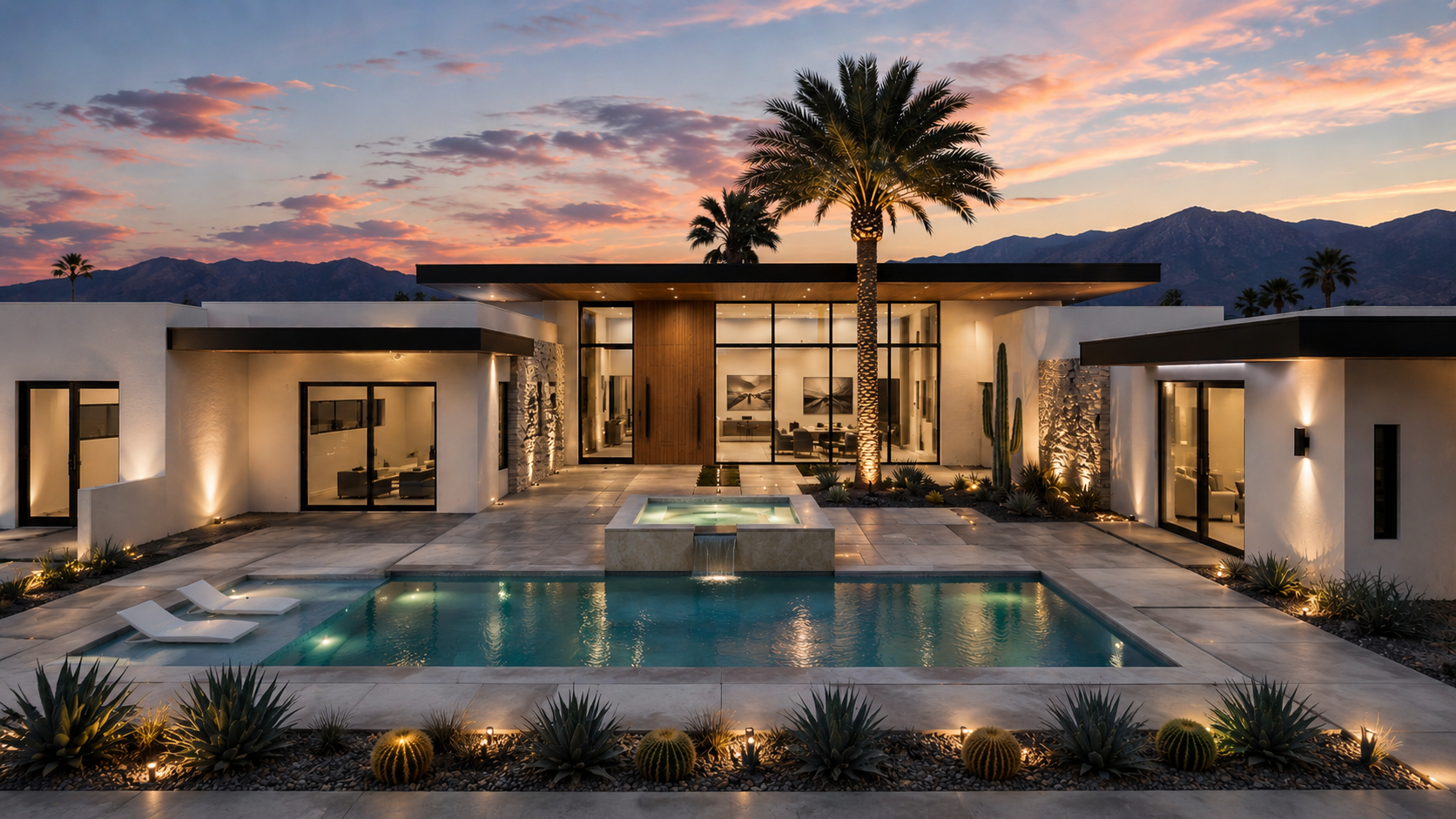Pool and spa courtyard at twilight — Pueo Palm Springs